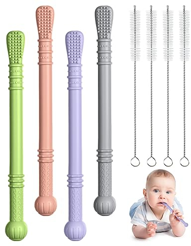 Vicloon Beißring Baby, 8-Teiliges Set Beißröhrchen Silikon, 4 Stück Zahnungshilfe +4 Stück Reinigungsbürste für Baby 6-12 Monate Sensorisches Kauen Molar Spielzeug(Flat head)
