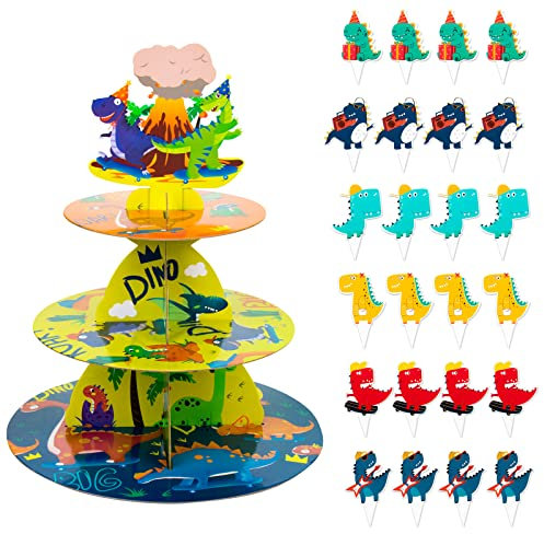 OPUHOHR Dinosaurier Cupcake Ständer, 3 Etagen Pappe Kuchenständer mit 24 Stück Dinosaurier Tortenaufsatz, Dinosaurier Geburtstagsfeier Dekorationen für Junge und Kinder