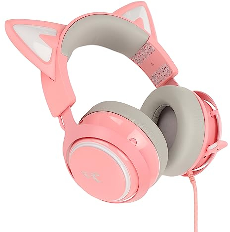 Katzenohr Kopfhörer, Cat Ear Kopfhörer kabelgebundener Katzenohr Kopfhörer PC Gaming Headset mit einziehbarem Mikrofon, anpassbarer Beleuchtung und Effekt, Rosa