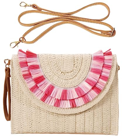 HINGTAT Bolso de mano de paja para mujer, bolso cruzado de paja, bolsas de playa para mujer, bolsa de tela de paja, bolsa de fiesta para fiesta de noche, 04-rosa