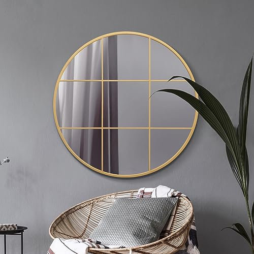 MirrorOutlet The Circulus - Espejo de pared circular redondo moderno con marco de metal dorado macizo de 39 x 39 pulgadas (100 cm x 100 cm), espejo plateado con respaldo negro para todo tipo de clima.