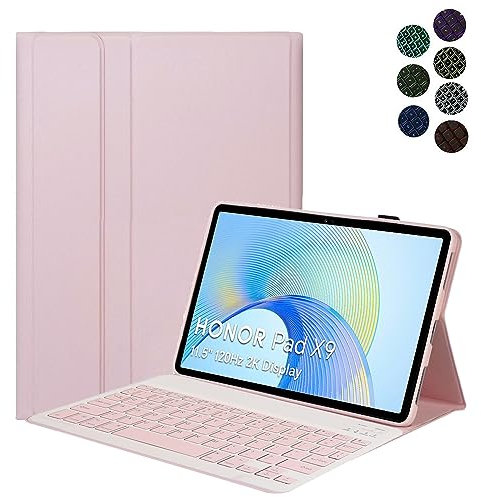 YGoal Teclado Funda para Honor Pad X9, [Teclado Español Ñ] 7 Colors Backlit PU Cuero Funda con Desmontable Wireless Teclado para Honor Pad X8 Pro 11.5, Rosa