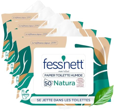 Fess'nett Natura Feuchtes Toilettenpapier, 50 Stück, dermatologisch getestet, 0% Parabene, 0% Phenoxyethanol, hypoallergen (Packung mit 4)