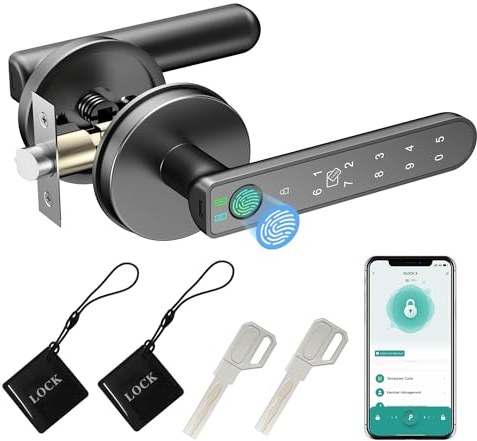 BIWIBON Cerradura de puerta de huellas dactilares, perilla de puerta inteligente 5 en 1 con aplicación inteligente/huellas dactilares/tarjetas IC/contraseña/llaves de respaldo, perilla de puerta de