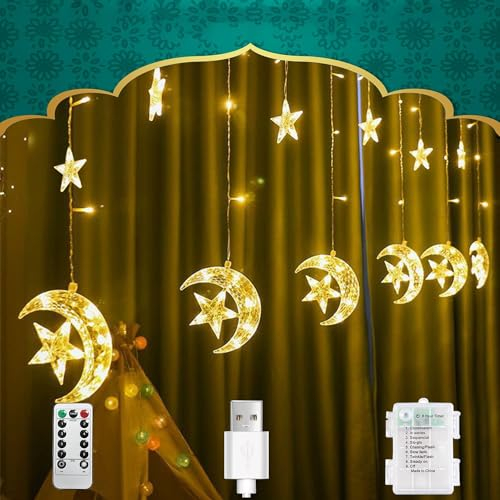 LED Lichterkette Ramadan, 3.5M Lichtervorhang Fenster Mond Sterne Batterie USB mit Timer Fernbedienung, 8 Modi Lichterketten Vorhang Deko für Ramadan, Party, Balkon, Hochzeit -Warmweiß