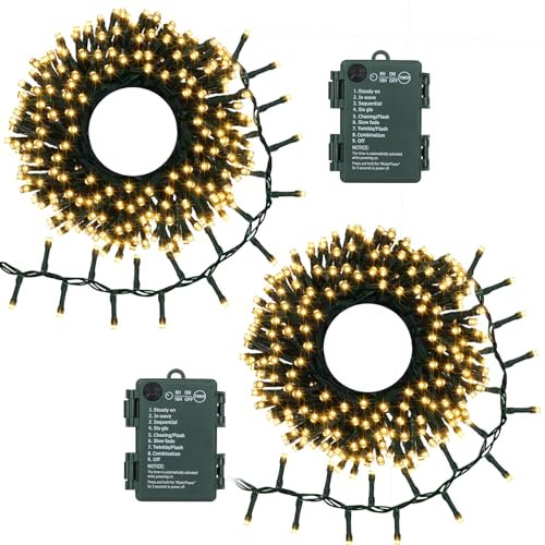2 Pack Battery Operated Cluster Lights 10Ft 200 LED Twinkle String Lights 8 Modes Timer Waterproof Fairy Lights for Christmas Tree Garland Wreath Bedroom Wedding Party Tree Decor (Warm White)