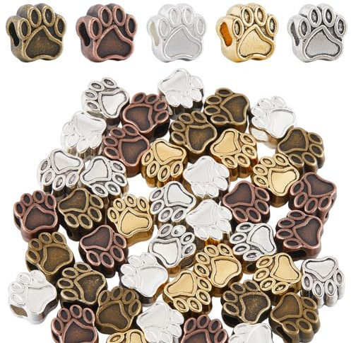 SUNNYCLUE 1 Box 50 Stück 5 Farben Goldene Hundepfoten Perlen Pfotenabdruck Perlen Große Europäische Silberlegierung Welpe Katze Bär Tier Fußabdruck Niedliche Große Loch Abstandsperlen Für Die Schmuckh