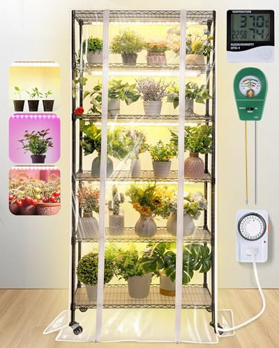Meonum Pflanzenregal mit Wachstumslichtern, 6 Etagen DIY Metall Pflanzenständer mit 90W LED Wachstumslampen für Saatgut Startregal Indoor Gewächshaus mit mechanischem Timer, Thermometer, pH-Meter, PP