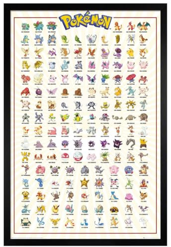 Pokemon Maxi-Poster Kanto 151 PKMN, mit Holzrahmen, 61 x 91,5 cm, Schwarz
