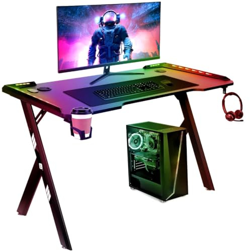 NK Mesa Escritorio Gaming con LED (120X60cm) - Portavasos y Botellas, Soporte para Auriculares/Cascos, Gestión de Cables, Gaming Desk, Tabla 1.5cm (Resistencia) Peso Máximo Soportado 100kg