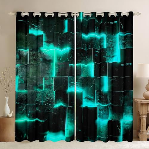Schwarzes Teal Abstrakte Verdunkelungs Vorhänge Gradient Square Vorhänge,Geometrie Grid Vorhänge Neon Karierte Wohnzimmer Vorhänge,Glühende Plaid Fenster Vorhänge 3D Moderne Dekor 140Bx260L 2 Panels