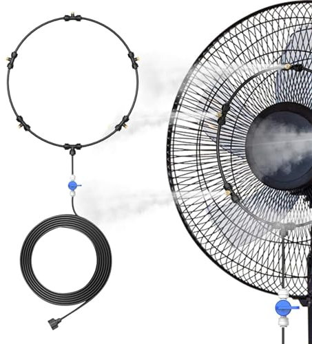 Ventilateur brumisateur d'eau pour extérieur – Système de brumisation extérieur avec 5 buses de brume en laiton pour jardin, terrasse, plage, terrasse