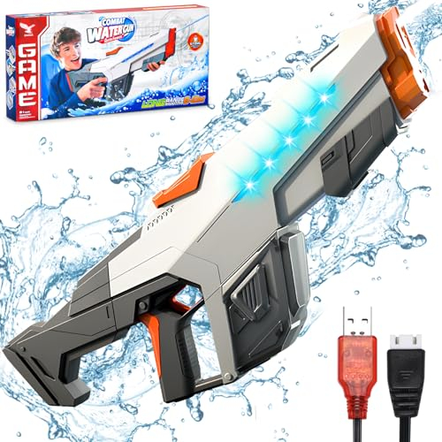 SPINNE LUCAS Wasserpistole Elektrisch, EIN-Knopf-Automatik Wasserspritzpistole, Wasserpistole Große Reichweite mit Licht, Automatische Wasserpistole für Kinder und Erwachsene (Grau)