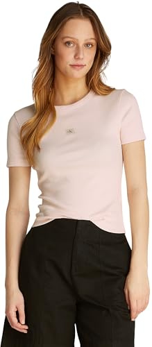 Calvin Klein Donna T-Shirt Maniche Corte Woven Label Rib Tee Slim Fit, Rosa (Silver Peony), XL