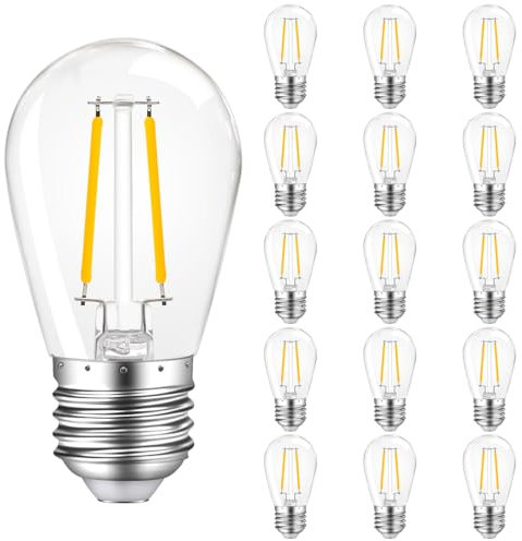 MZYOYO Outdoor Light Bulbs,S14 2W E27 Screw Light Bulb,ES S14 LED Bulb,2700K Warm White,180LM,Equivalent 20 Watt,AC230V,for S14 String Lights Replacement Bulbs,Festoon,Party,Plastic,Pack of 15