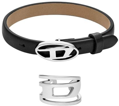 Diesel Herren Stackables Schwarzes Lederarmband und Silber-Ton Edelstahl Ohrringe, Set