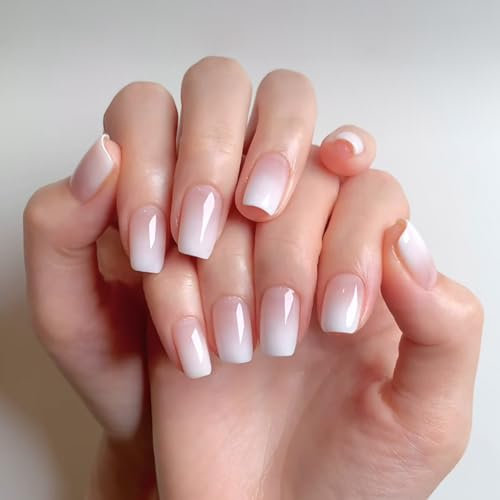 24PCS French False Nails - Square Short Stick on Nails - White Gradient & Nude Nail Tips with Nail Glue Sticker, Artificial Finger Manicure