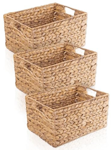 FRIHET Aufbewahrungskorb geflochten aus Wasserhyazinthe rechteckig | Aufbewahrungsbox mit Griffen | Wäschekorb klein, Kleiderschrank Organizer uvm. | versch. Größen (3er Set, Gr. 3)