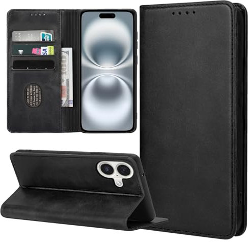 ZYIMOU Handyhülle für iPhone 16 Hülle, Leder Schutzhülle Standfunktion Kartenfach Wallet Klapphülle iPhone 16 Flip Case Cover, Schwarz