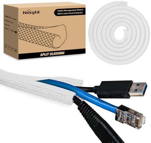 Nilight Cable Sleeve, 25ft-1/2inch Cable Management Sleeves, Braided Cable Sleeving, Split Self Wrapping Wire Loom for Computer Cable Electrical Wire Automotive Harness Protector Organizer, White