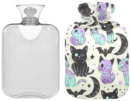 Hot Water Bottle with Soft Cover Cute Pastel Goth Cat Bat Transparent Hot Water Bags Warm Water Heat Bottles for Pain Relief Hand Feet Warmers 1 Liter
