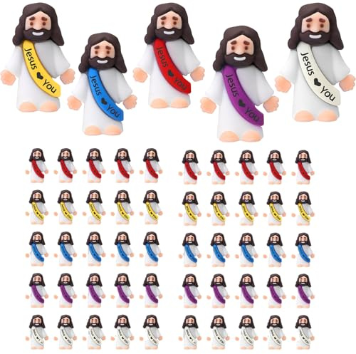 Probuk 50 Stück Mini Jesus Figuren, 5 Farben Jesus Spielzeug, Christliches Jesus-Statue-Spielzeug, Jesus-Statue-Ornamente, Osterdekorationen, Christus-Retter-Puppe für Weihnachts, Oster,Erntedank