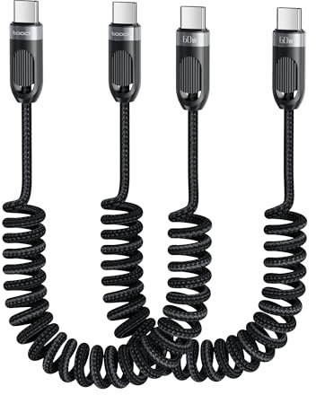 toocki Spiralkabel USB C Kabel, [1.5M 2er Pack] 60W PD Schnellladekabel mit Nylon geflochten & Federdesign, USB C Datenkabel