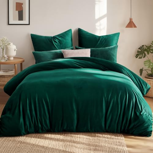 Aisbo Winter Plüsch Bettwäsche 220x240 3teilig Dunkelgrün - Flanell Flauschige Warme Bettbezug und 2 Kissenbezüge 80x80 cm, Teddy Fleece Samt Cashmere Touch Winterbettwäsche mit Reißverschluss