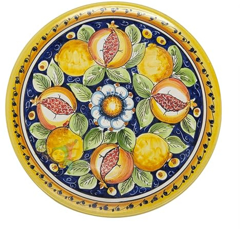 sicilia bedda - Piatto in Ceramica di CALTAGIRONE Decorazioni ARTISTICHE - Articolo Dipinto a Mano (Melograno e Limoni Blu, Diametro 37 Piano)