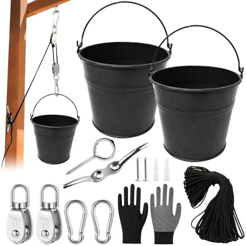 Flaschenzug Kinder,Flaschenzug mit Metalleimer,Spielturm Zubehör,Zubehör fürs Baumhaus Spielturm,Flaschenzug mit Eimer,Kinder-Riemenscheibensystem Spielturm Zubehör Gartenspielzeug für ab 3 Jahren