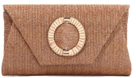 BWBIKE Bolso de Mano Tejido de Rrafia para Mujer - Elegante Bolso Bandolera de Paja para Verano, Playa, Bodas y Fiestas Formales, Bolso de Mano Tipo Sobre con Cadena Extraíble,Marrón