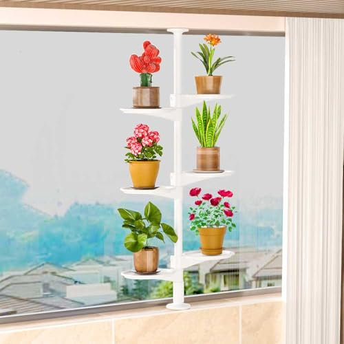 Indoor Plant Stand, 6-Tier Metal Flower Display Rack, Expandable Spring Tension Rod Hanger, Creative Corner Storage Shelf for Pots