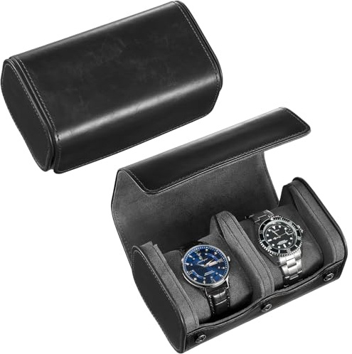 ProCase Uhrenrolle, Uhren Reiseetui -Schwarz | aus PU-Leder, kompakt tragbar, Travel Watch Box mit getrennten Fächern für 2 Uhren