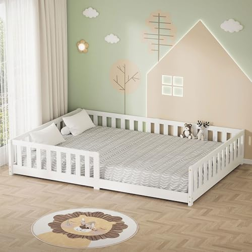 ML-Design Kinderbett 140x200 cm, Weiß, Bodenbett für Kinder mit Lattenrost und Rausfallschutz, Jugendbett aus massivem Kiefernholz, Bettgestell für Jungen und Mädchen, Holzbett Babybett Doppelbett