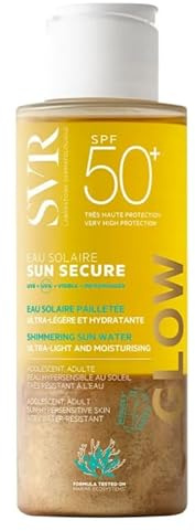 SVR SUN SECURE GLOW LSF50+ – Schimmerndes Sonnenschutzwasser für Gesicht und Körper, Oleo-Wasser-Sonnenschutz für überempfindliche Haut, seidenmattes goldenes Finish, riffsicher, 100 ml