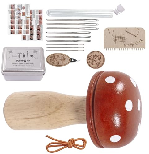 qokeeu Lot de 2 aiguilles à repriser en bois avec pointe sphérique, repriser, bourrage, champignons en bois, champignons en bois, fil à repriser, enfile-aiguille pour coudre à la main, tricoter