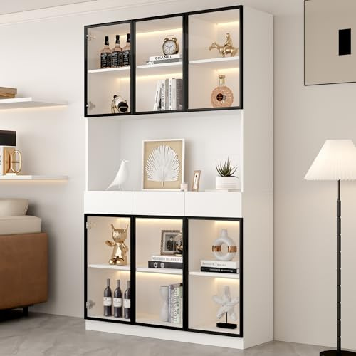 kowdom glasvitrinskåp med LED 120 x 36 x 200 cm vit/svart | Vitrinskåp med 6 dörrar 3 lådor | stående, vardagsrumsskåp, skänk, upplyst monter med appkontroll