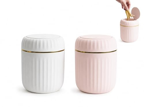 2 Pcs Desktop Bin with Press Type Lid, 3L Plastic Mini Trash Can Waste Bin | Plastic, Small Desktop Trash Can for Bedroom Kitchen Home Office Vanity Tabletop Pink + White
