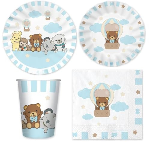 Set 34 pezzi - Kit Coordinato tavola T H U N TEDDY FRIEND Celeste orsetto - compleanno, battesimo, nascita, 6 piatti grandi + 6 piatti piccoli + 6 Bicchieri + 16 tovaglioli