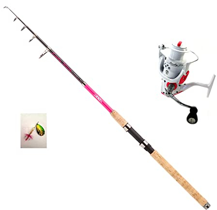 Jenzi Set Tele Lady-Stick Spin Pink 20-50g 2,40 Meter Angelrute + Rolle Cindy FX2500 + gratis Köder und Petri Heil! Aufkleber