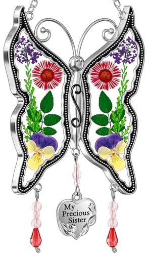 KY&BOSAM Butterfly Suncatcher My Precious Sister Stained Glass Sun Catchers for Windows Hangings Wind Chime with Real Flower Wings and Heart Charm Birthday Gifts for Women Mother`s Day Valentine's