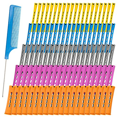 100 Pieces Nature Hair Curlers for Short Hair - Cold Wave Rollers with Elastic Bands, 5 Sizes for Curl Styling with Plastic Brush Combo