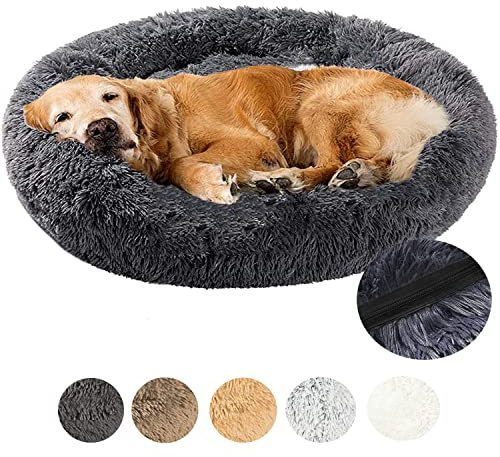 LINRUI Luxus Hundebett Orthopädisches Haustierbett Weiches Plüsch Hundekissen Doughnut-Form Hundekörbchen mit Wasserfeste Unterseite, Abnehmbarem Waschbar,XXL:110 cm,Dunkelgrau