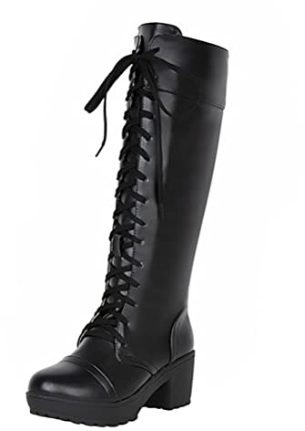 Minetom Stivali Donna Alti PU Tacchi Blocco Goth Punk Stivali Alti Stringata Scarpe Autunno Invernali Stivali da Motociclista B Nero 35 EU