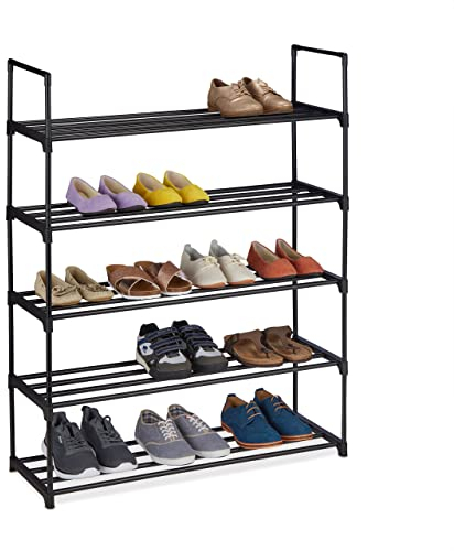 Relaxdays Schuhregal Stecksystem, 5 Ebenen, 20 Paar Schuhe, HBT: 114,5 x 90,5 x 30,5 cm, Schuhständer Metall, schwarz