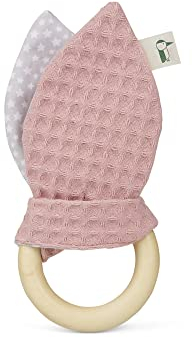 GRÜNSPECHT Greifring mit Stoffohren, Holzring mit waschbaren Stoffohren aus 100% Baumwolle, für Greifsinn & Tastsinn, Geschenk Spielzeug Baby, rosa (571-V2)