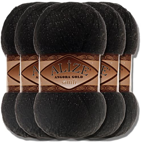 Hobby YARN Alize 5x 100 g Angora Gold Simli Türkische Premium Wolle Mohair aus Schurwolle mit Glitzereffekt Babywolle als Strickgarn Handstrickgarn Angorawolle Uni Yarn (Black | 60)