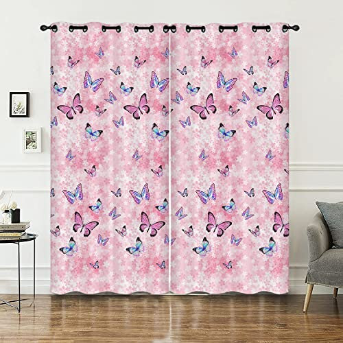 HOSIMA Schmetterling Blackout Vorhänge Blickdicht mit Ösen,2-Set 117x183cm Aquarell weiche Blumen Verdunklungsvorhänge für Wohnzimmer Kinderzimmer mit Rosa Kirschblüten(Schmetterling2 117x183cm)