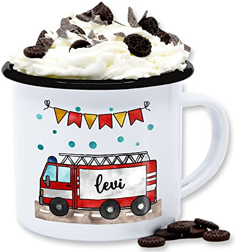 Emaille Tasse Blechtasse - Feuerwehrauto Motiv I Leiterwagen Geschenk Feuerwehr I Löschzug - 300 ml - Weiß Schwarz - geschenke für feuerwehrmänner feuerwehrtasse jugendfeuerwehr name tassen