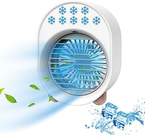 Portable Air Cooler, Personal Air Conditioner, Mini Evaporative Cooler with 3 Speeds Mode and 7 Colors LED Lights, Air Humidifier Misting Fan, USB Desktop Cooling Fan for Home Office (White)